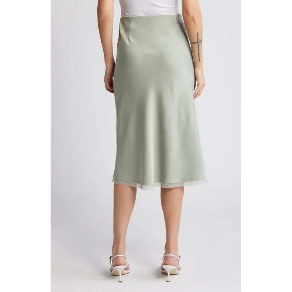 Rue Sophie Artichoke Green Kat Satin Midi Skirt Size Large - Picture 2 of 12